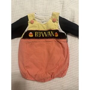 Busy Bee Smocks! Smocked Halloween Candy Corn Rowan Bubble Romper & Shirt Set 9M